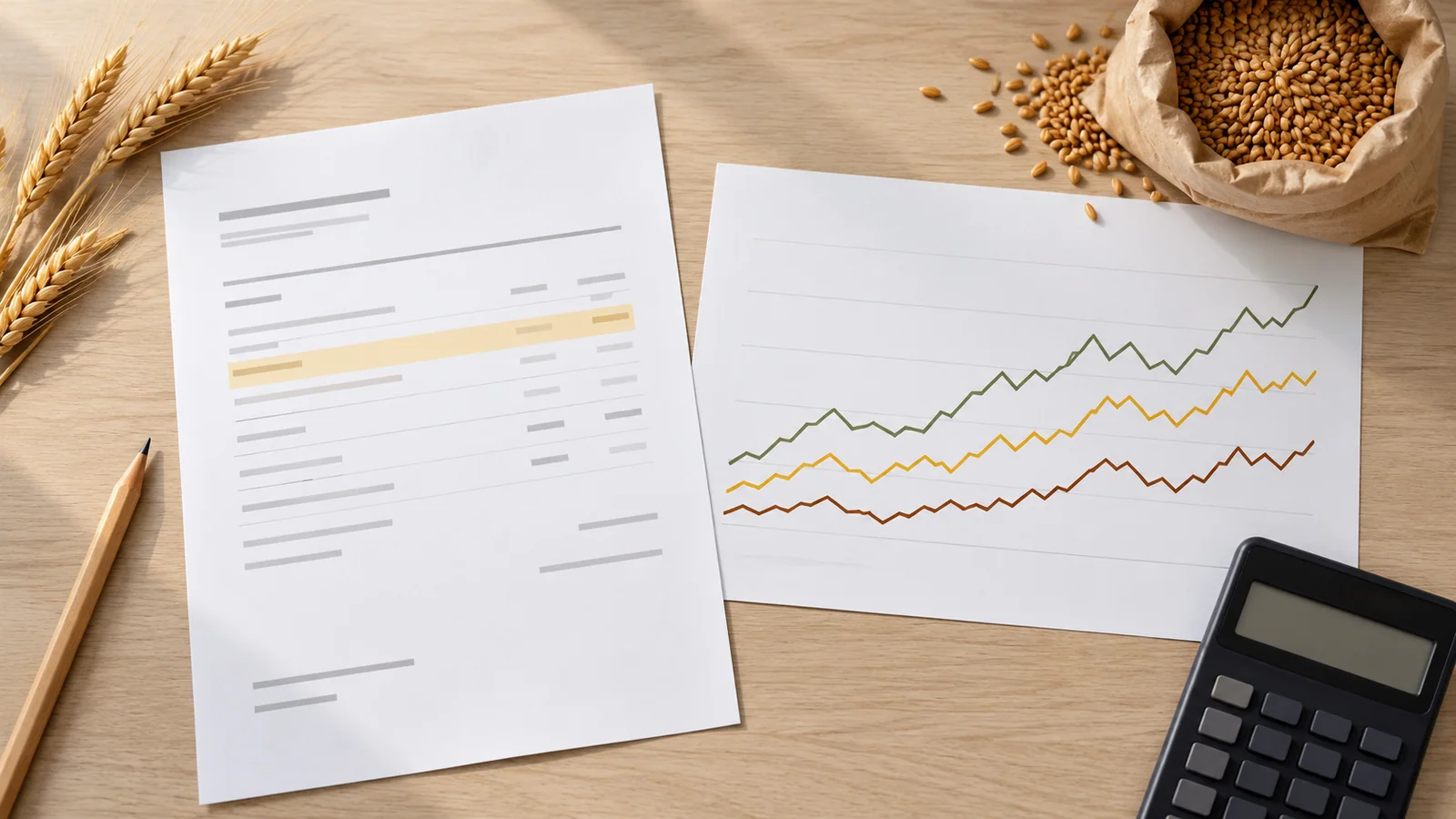 عرض سعر ومخطط أسعار وعينة حبوب وآلة حاسبة على مكتب