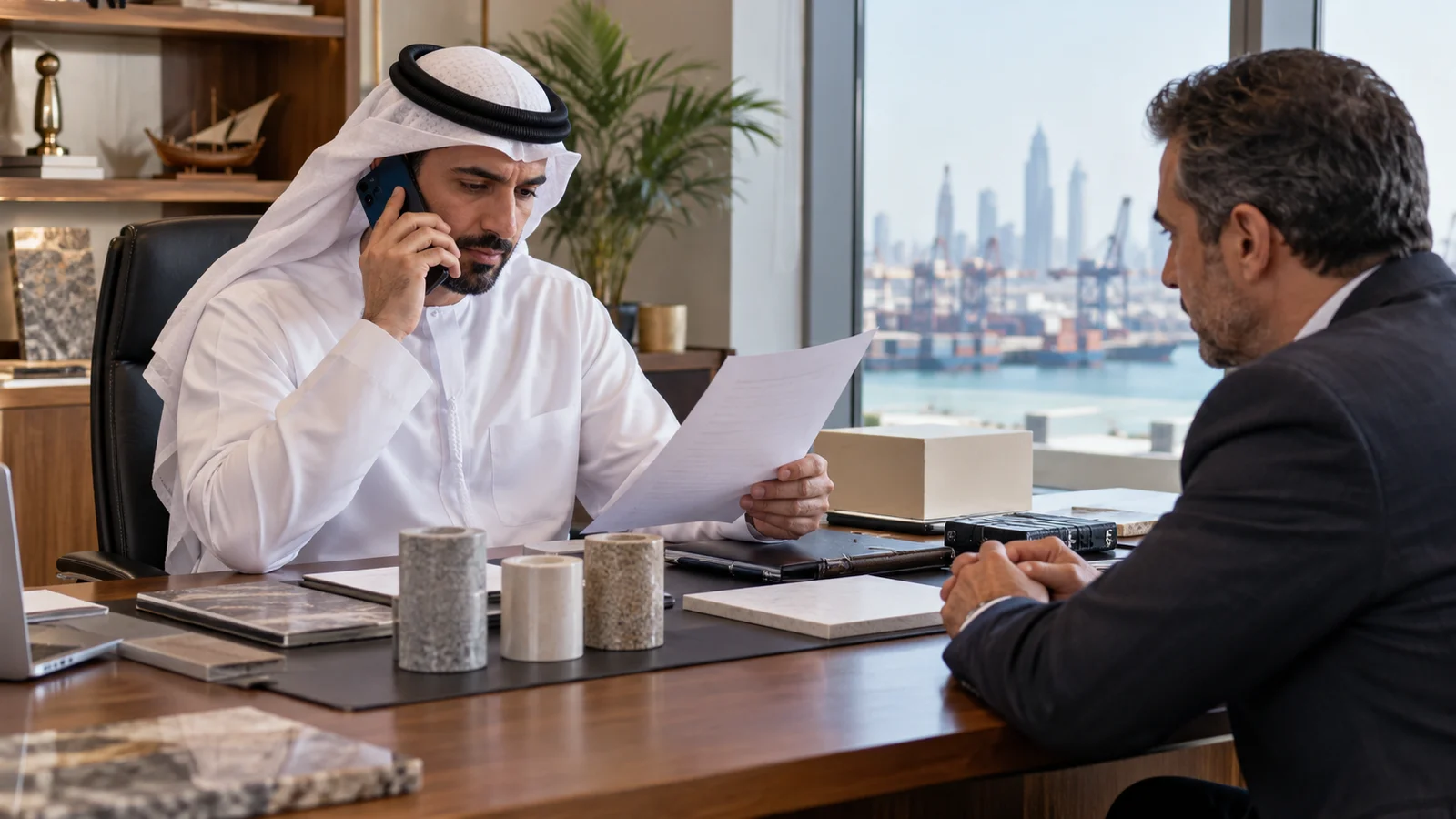 وسيط وتاجر يراجعان خطاب تفويض ويتحققان مباشرة من الشركة الأصلية.
