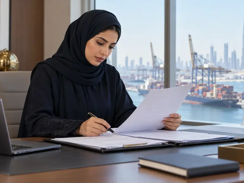 سيدة أعمال إماراتية محجبة تراجع مستندات اعتماد مستندي أمام ميناء حاويات