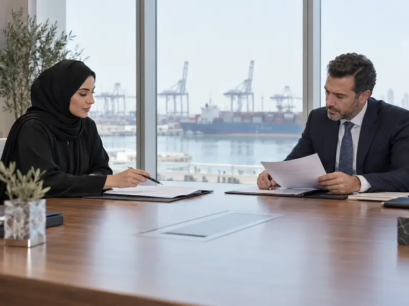موظفة أعمال إماراتية بعباءة وحجاب كاملين تراجع مستندات شحن مع موظف بنك يجلس مقابلها على طاولة واسعة