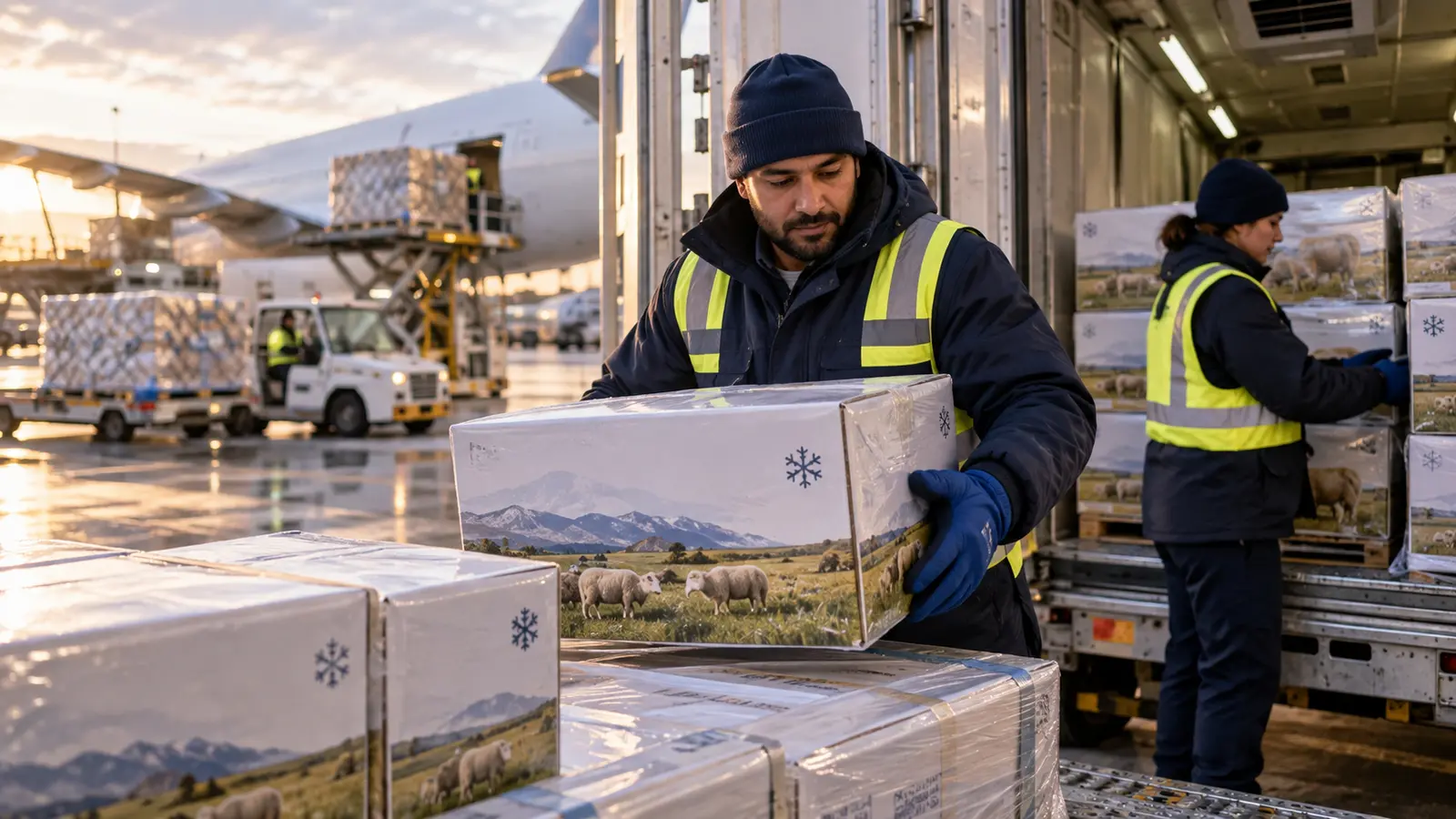 Chilled lamb cartons moving through an airport cold-chain facility