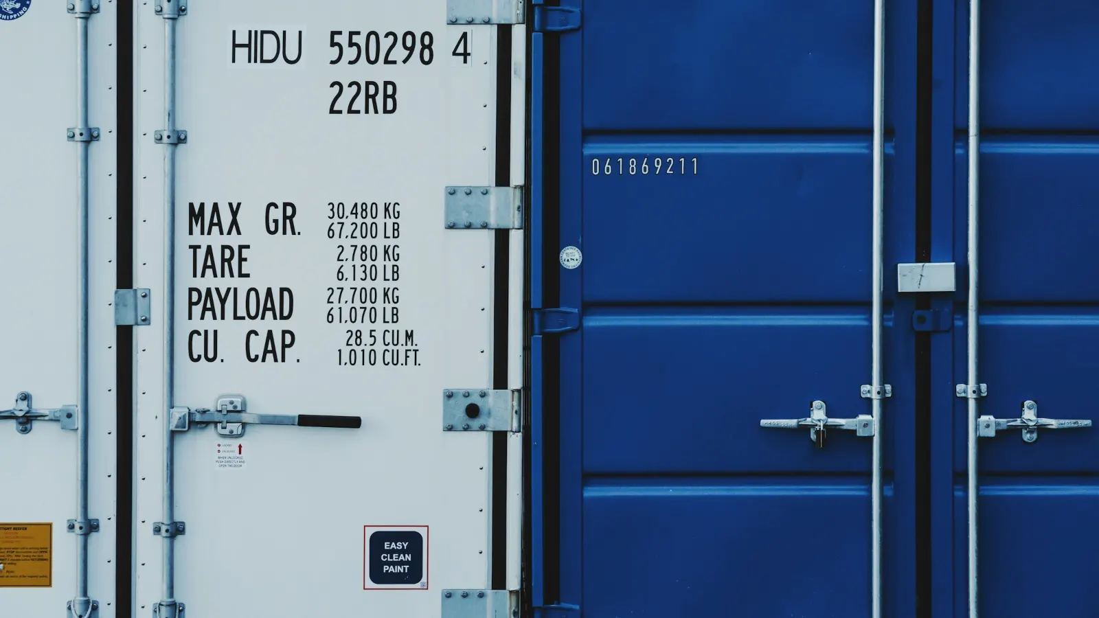 Shipping container doors showing maximum gross, tare, payload and cubic capacity markings