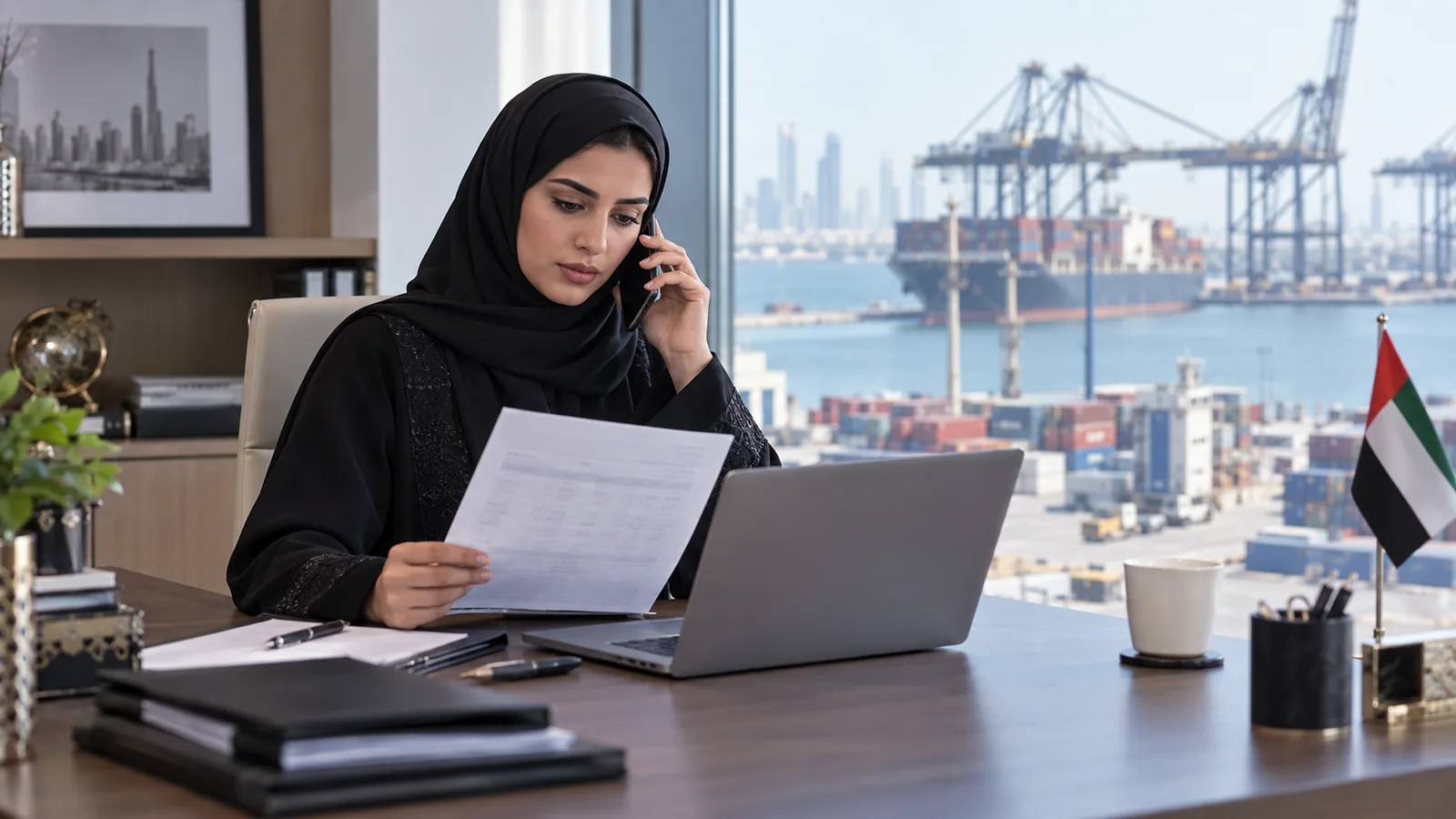 Woman in abaya verifying changed payment instructions by phone
