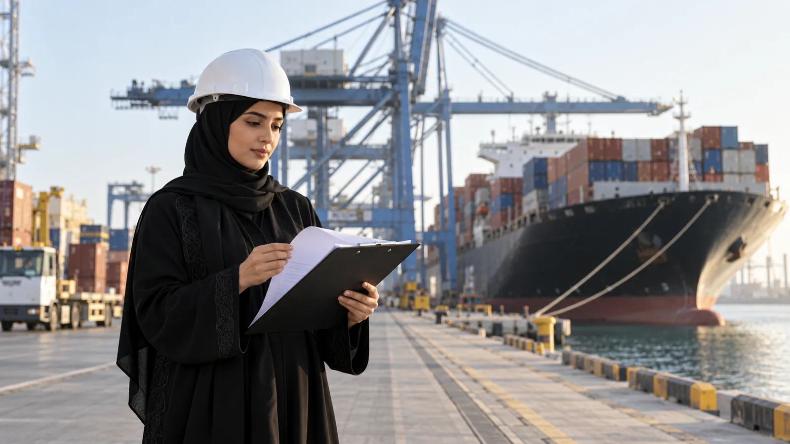 Woman in abaya and hijab reviewing shipping paperwork at a container terminal