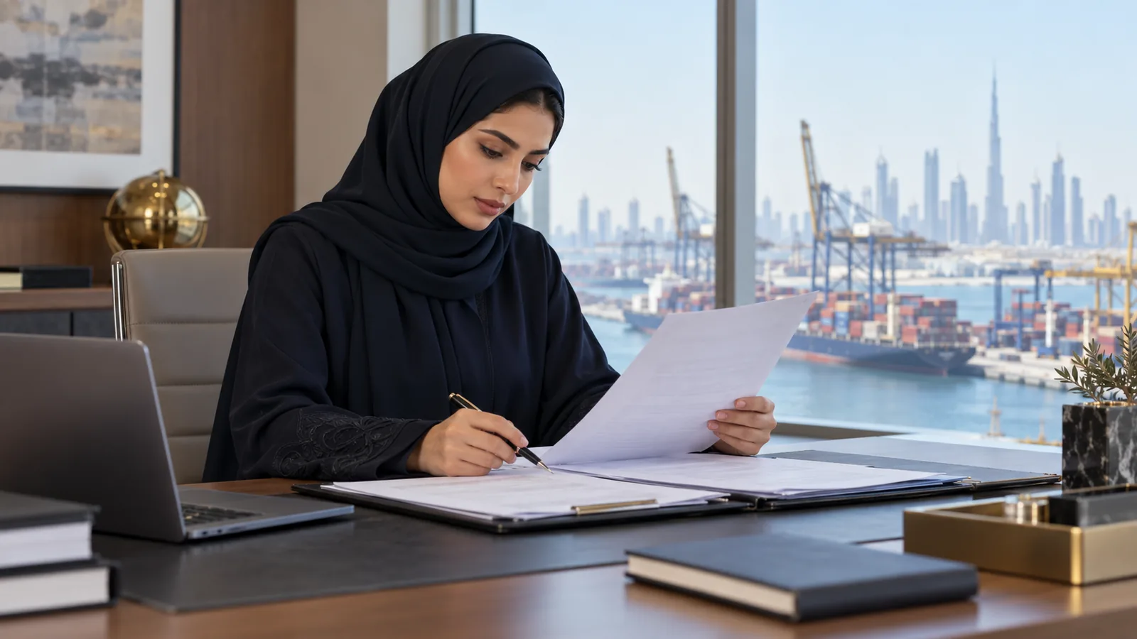 Woman in abaya and hijab reviewing letter of credit terms at her desk