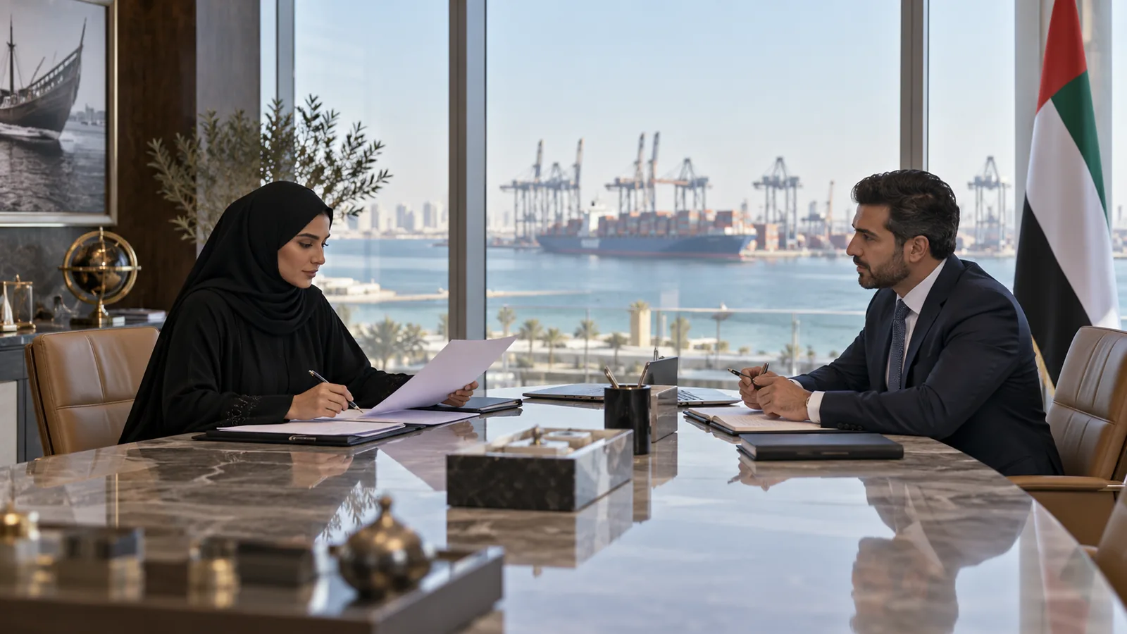 Woman in abaya and trade banker reviewing terms across a conference table
