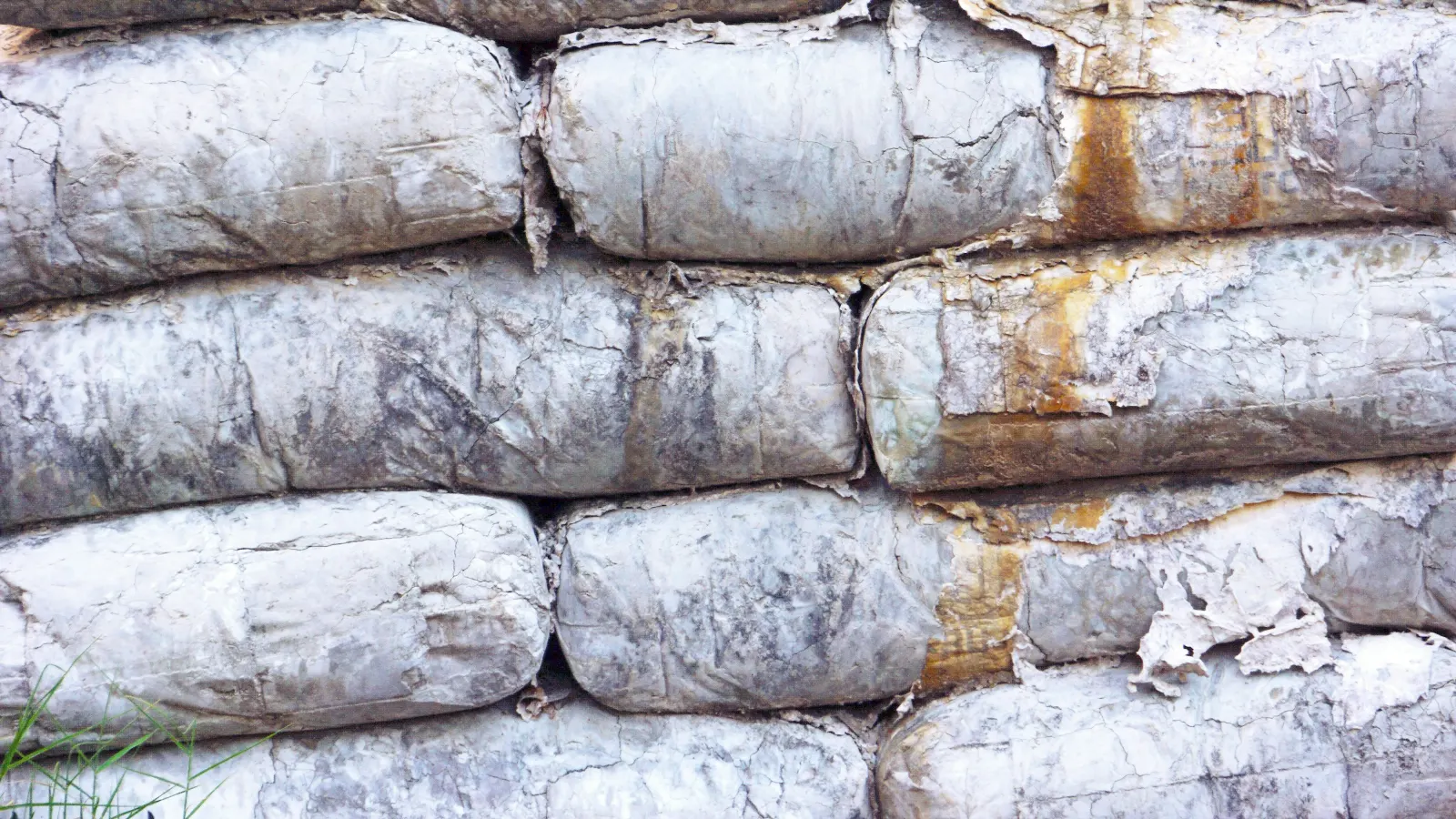 Stacked paper sacks set hard and cracked, with torn outer layers and rust-coloured water stains