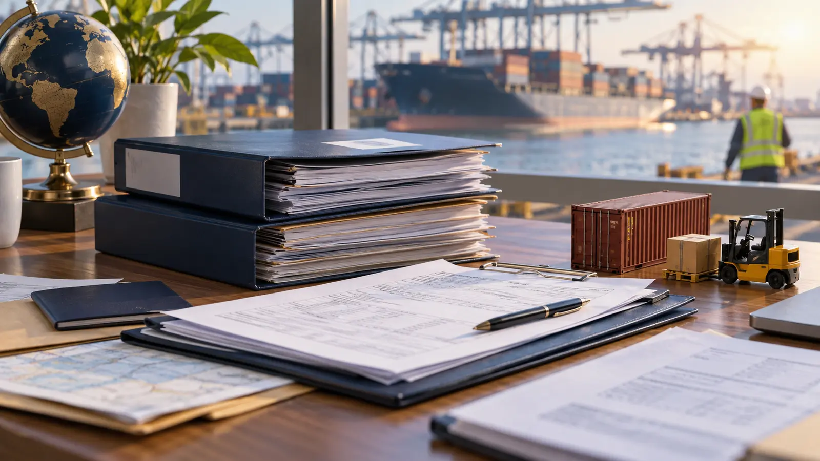 Organised shipping documents beside a working container terminal