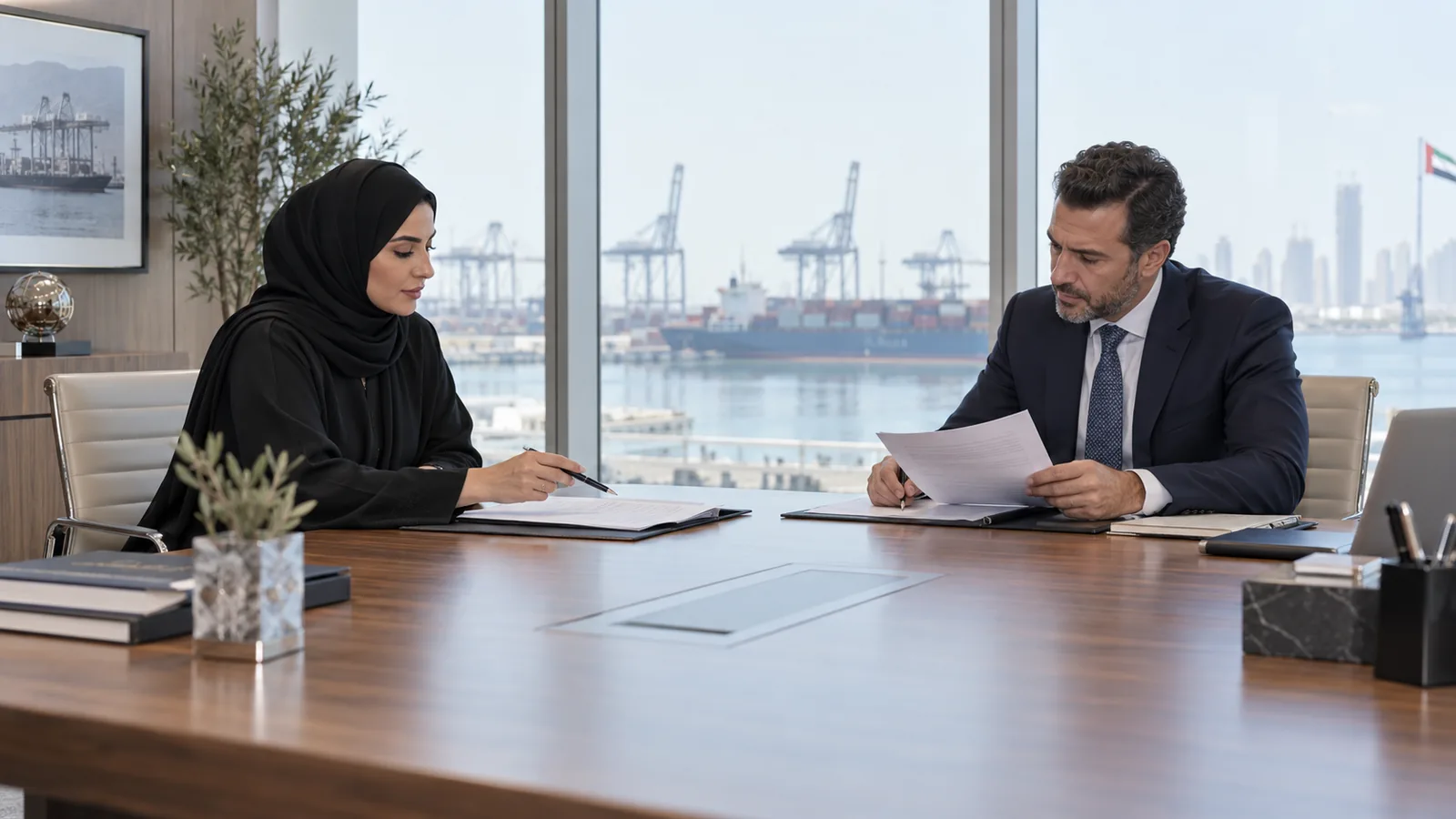 Woman in abaya and banker checking documents from opposite sides of a table