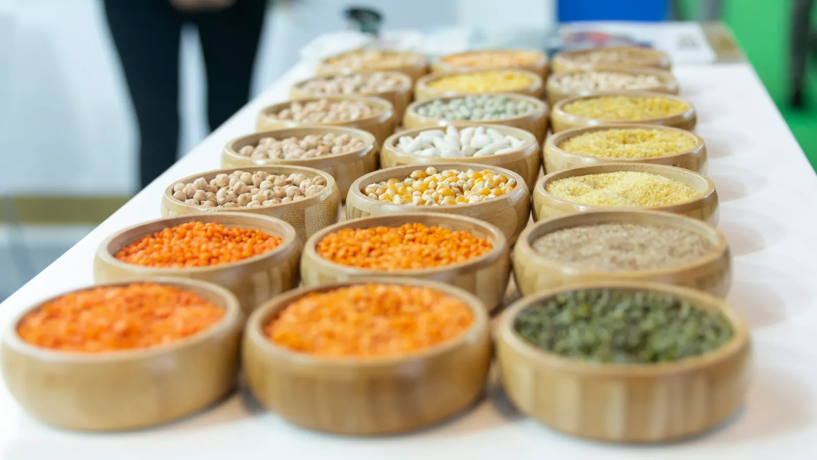 Rows of wooden bowls holding samples of lentils, chickpeas, maize and other grains