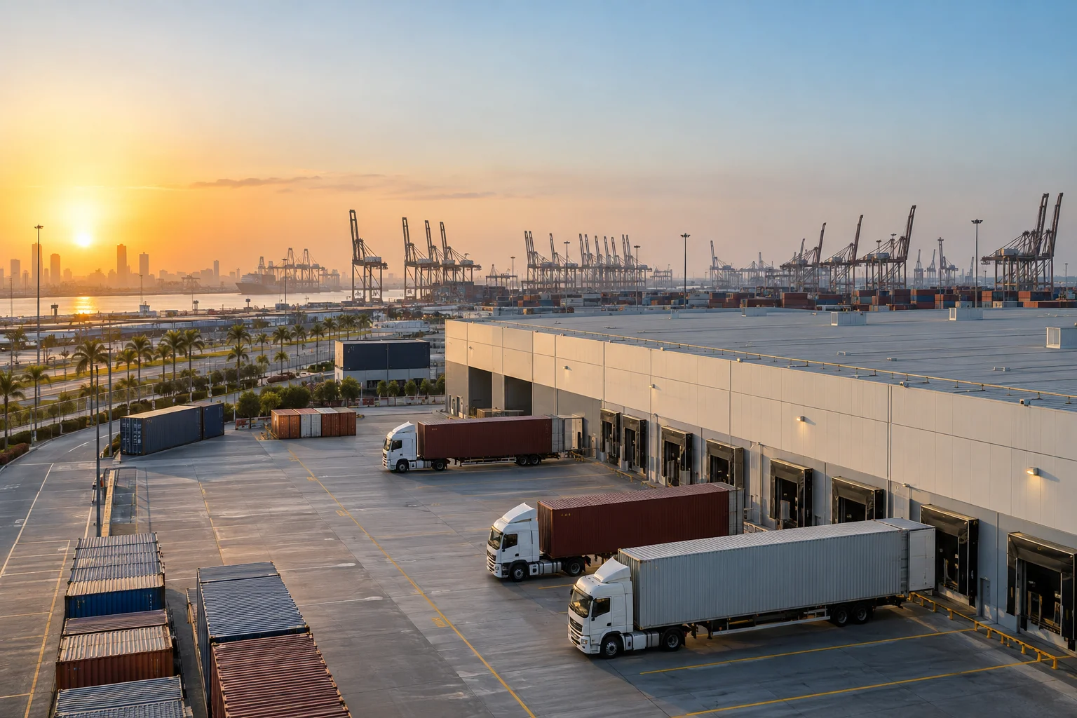 Container logistics and warehousing beside a working port